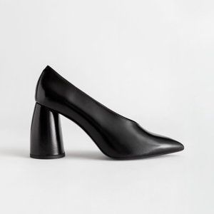 & Other Stories black leather flared chunky block heel pointed toe pumps heels